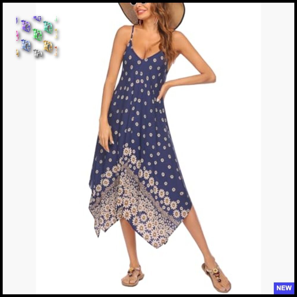Boho Sundress Spaghetti Strap Cover Up Flowy Midi Beach Vacation Dress - Picture 4 of 7